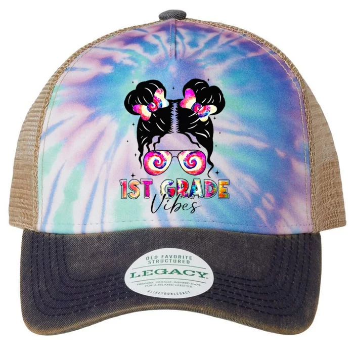 1st Grade Vibes Messy Bun First Grade Back To School Legacy Tie Dye Trucker Hat