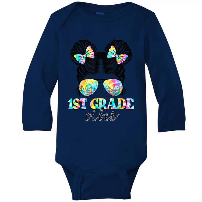 1st Grade Vibes Messy Hair Bun Girl Back To School First Day Baby Long Sleeve Bodysuit