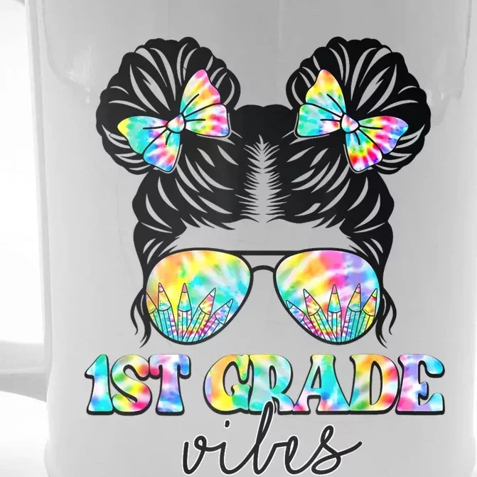 1st Grade Vibes Messy Hair Bun Girl Back To School First Day Front & Back Beer Stein