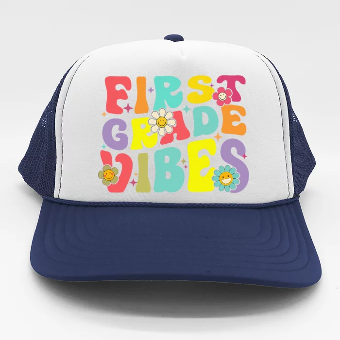 1st Grade Vibes Smile Face Back To School First Grade Trucker Hat