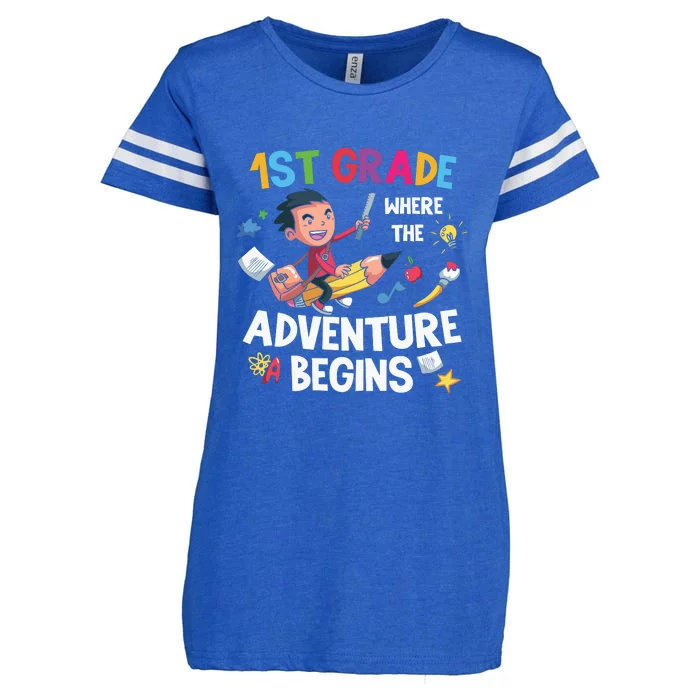 1st Grade Where The Adventure Begins Back To School Enza Ladies Jersey Football T-Shirt