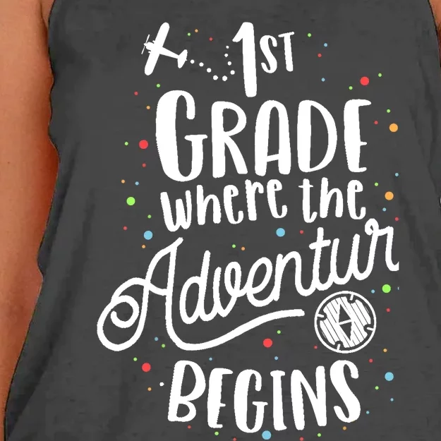 1st Grade Where The Adventure Begins First Teacher Women's Knotted Racerback Tank