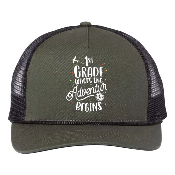 1st Grade Where The Adventure Begins First Teacher Retro Rope Trucker Hat Cap