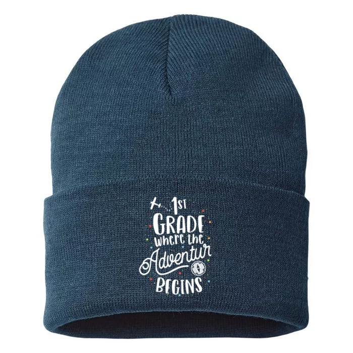 1st Grade Where The Adventure Begins First Teacher Sustainable Knit Beanie