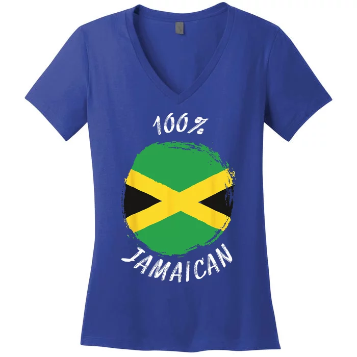 100 Jamaican Proud Jamaican Flag Jamaica Women's V-Neck T-Shirt