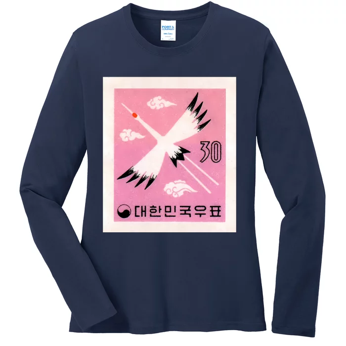 1960 Korea Red Crowned Crane Postage Stamp Ladies Long Sleeve Shirt