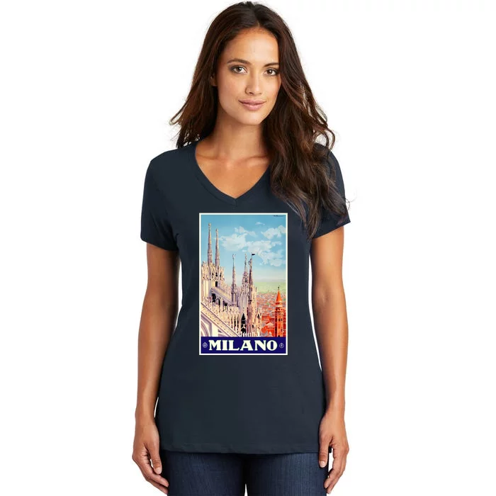 1930 Milan Cathedral Italy Travel Poster Women's V-Neck T-Shirt