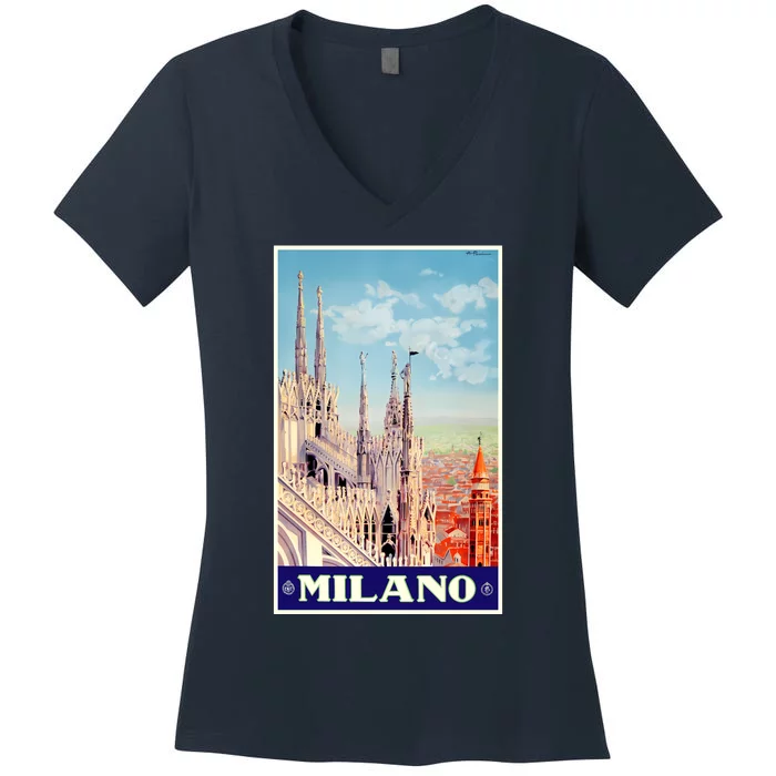 1930 Milan Cathedral Italy Travel Poster Women's V-Neck T-Shirt