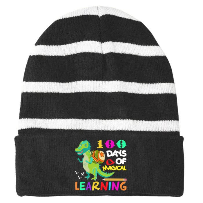 100 Magical Days Of Learning Dinosaur 100th Day School Gift Striped Beanie with Solid Band