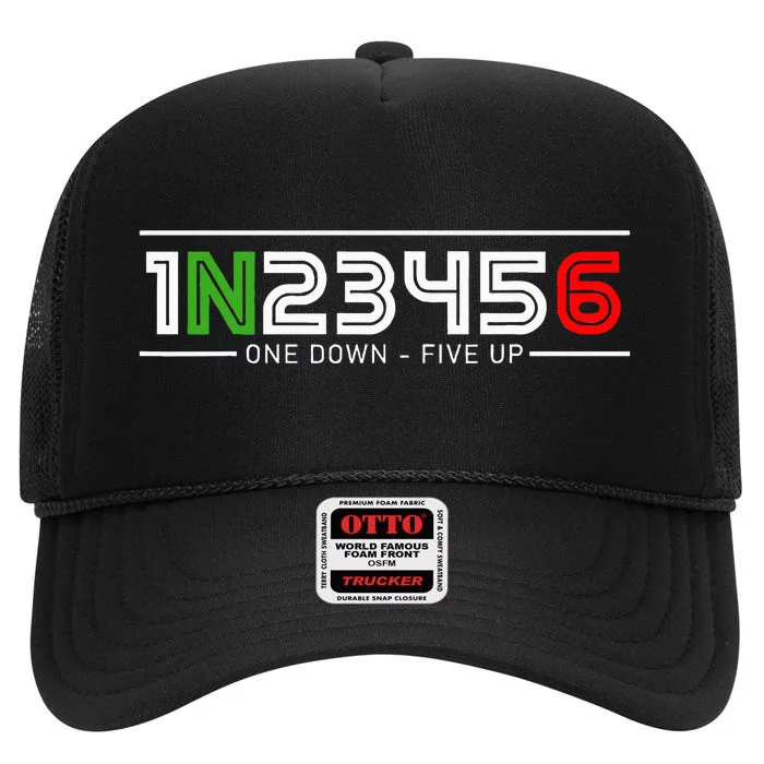 1N23456 Motorcycle Gear Shift Pattern Manual Transmission High Crown Mesh Trucker Hat