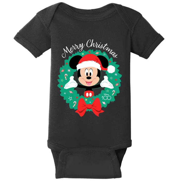 100 Mickey Mouse Merry Christmas Wreath Holiday D100 Baby Bodysuit