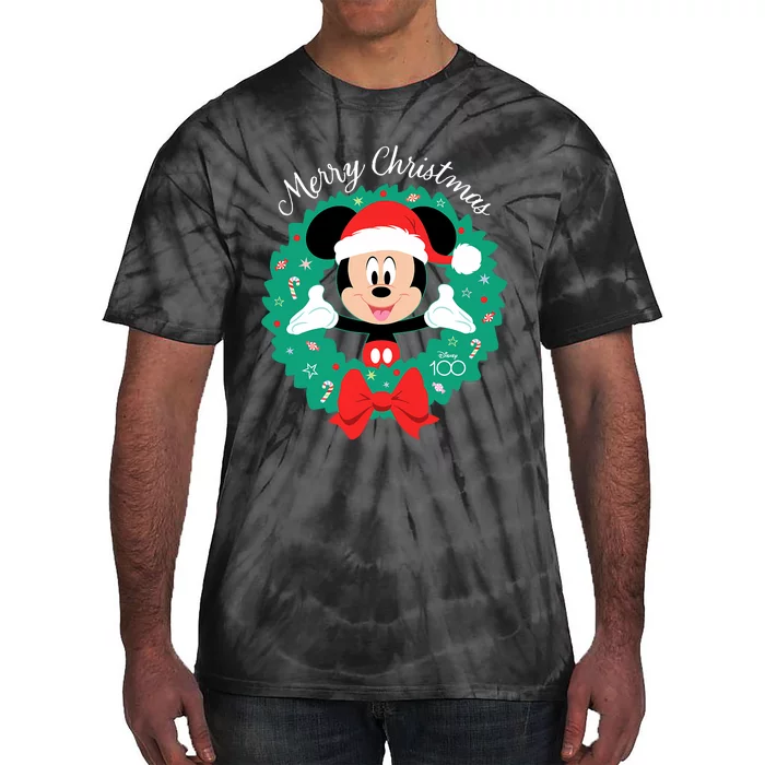 100 Mickey Mouse Merry Christmas Wreath Holiday D100 Tie-Dye T-Shirt