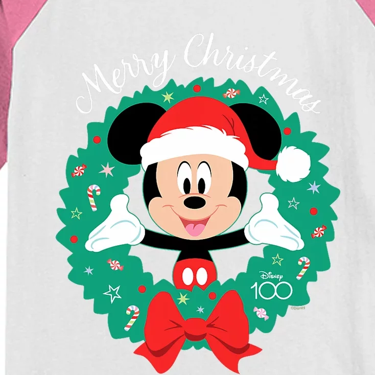 100 Mickey Mouse Merry Christmas Wreath Holiday D100 Kids Colorblock Raglan Jersey