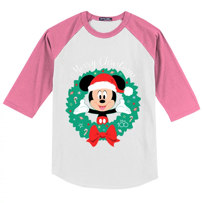 100 Mickey Mouse Merry Christmas Wreath Holiday D100 Kids Colorblock Raglan Jersey