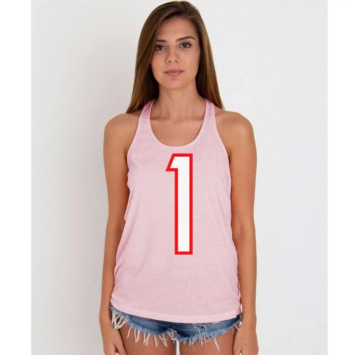 1 Sports Jersey One White Red Birthday Number Women's Knotted Racerback Tank