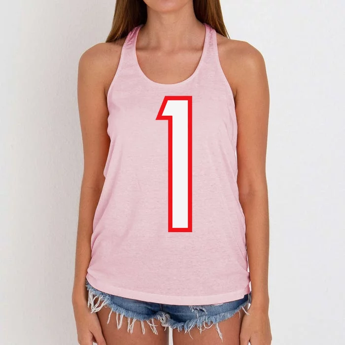 1 Sports Jersey One White Red Birthday Number Women's Knotted Racerback Tank