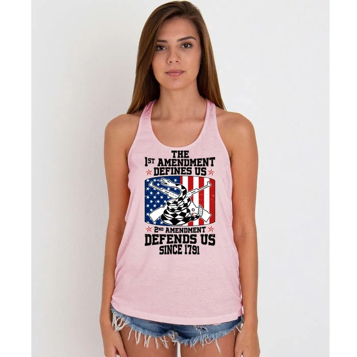 1st Amendment Defines Us 2nd Amendment Defends Us Since 1791 Women's Knotted Racerback Tank