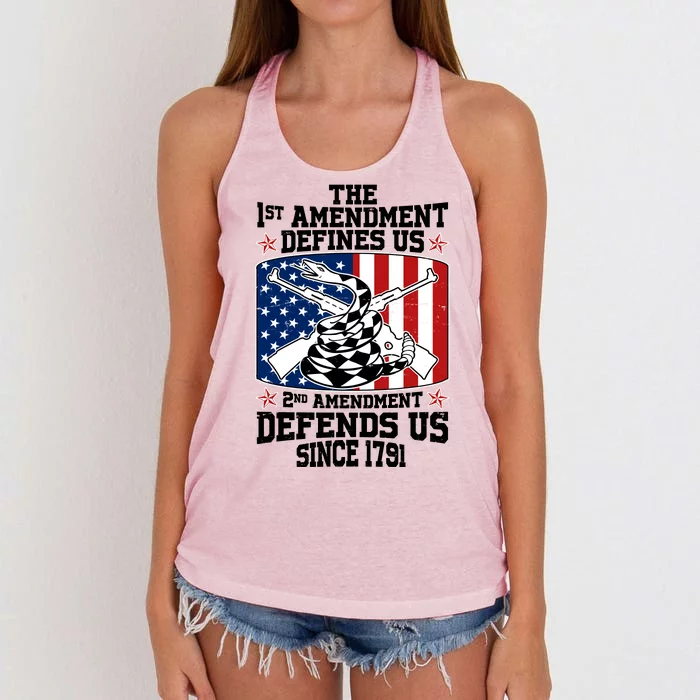 1st Amendment Defines Us 2nd Amendment Defends Us Since 1791 Women's Knotted Racerback Tank