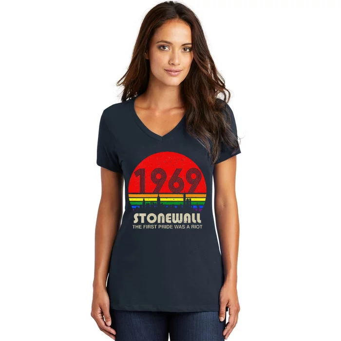 1969 The First Pride Was A Riot Lgbt Pride Rainbow Flag Women's V-Neck T-Shirt