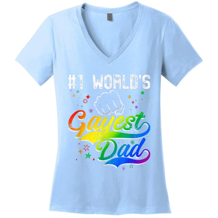 1 World's Gayest Dad Holiday Father Papa Pops Parent Hero Women's V-Neck T-Shirt