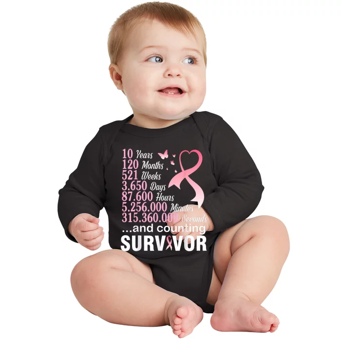 10 Years And Counting Im A Survivor Breast Cancer Awareness Baby Long Sleeve Bodysuit