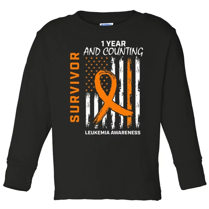 1 Year Cancer Free Orange Leukemia Survivor American Flag Toddler Long Sleeve Shirt