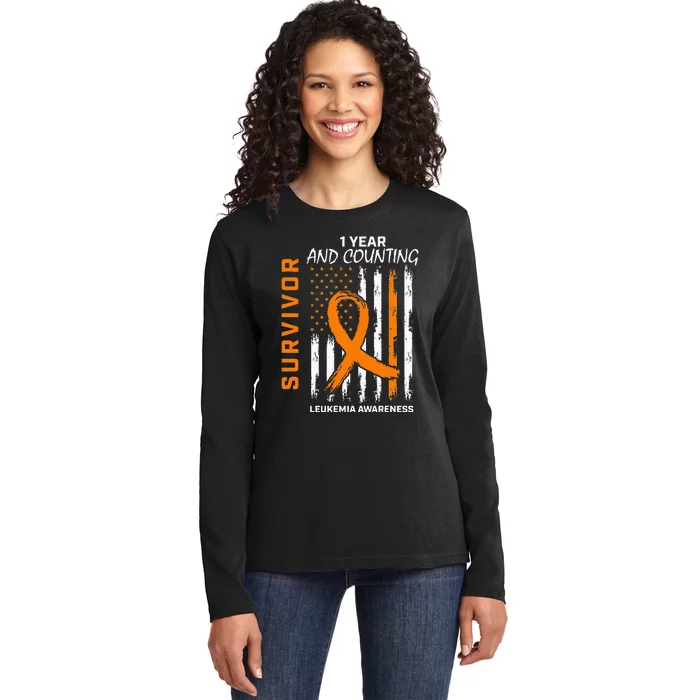 1 Year Cancer Free Orange Leukemia Survivor American Flag Ladies Long Sleeve Shirt