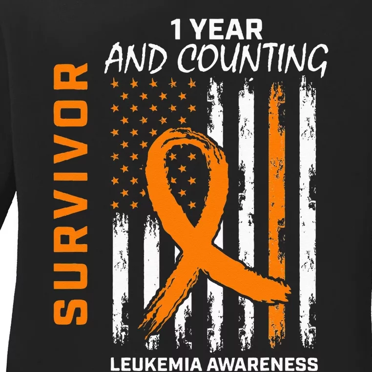 1 Year Cancer Free Orange Leukemia Survivor American Flag Ladies Long Sleeve Shirt