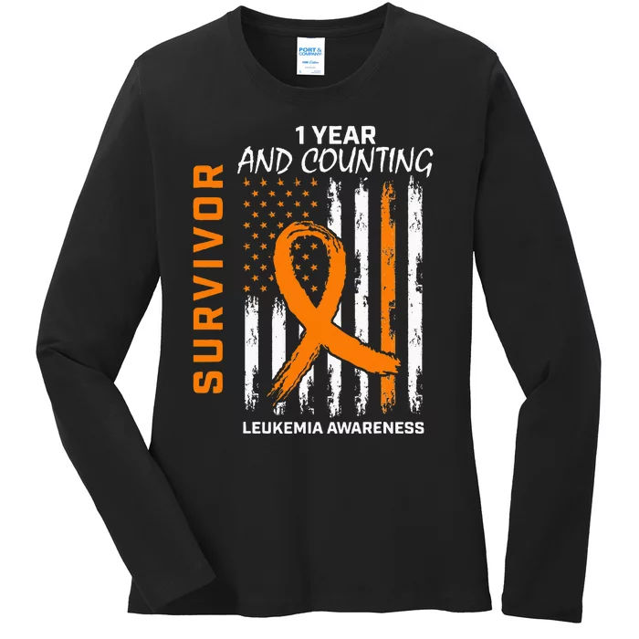 1 Year Cancer Free Orange Leukemia Survivor American Flag Ladies Long Sleeve Shirt