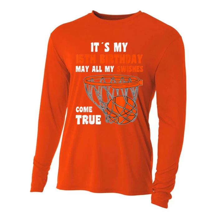 15 Year Old Happy 15th Birthday Basketball 15th Birthday Cooling Performance Long Sleeve Crew