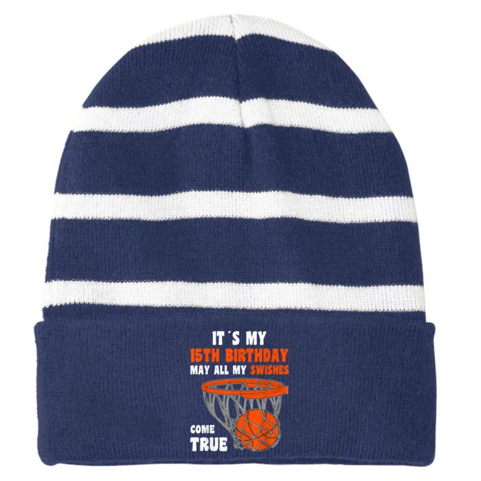 15 Year Old Happy 15th Birthday Basketball 15th Birthday Striped Beanie with Solid Band