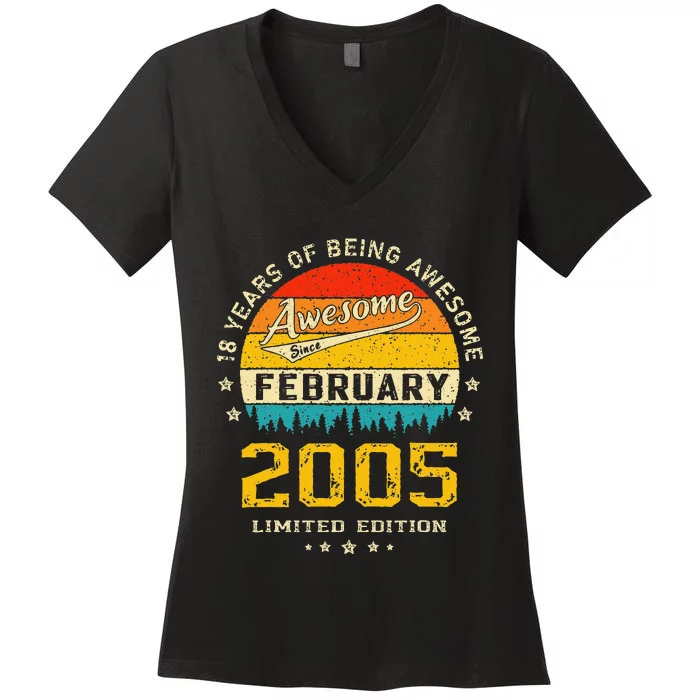 18 Year Old Birthday Awesome Since February 2005 Vintage Women's V-Neck T-Shirt