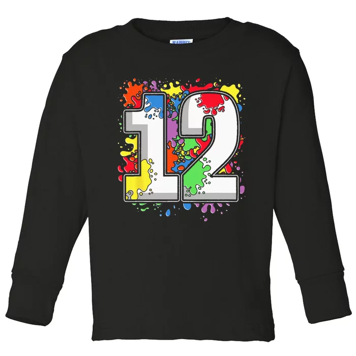 12 Years Old Colorful Splashes 12th Birthday Paint Splash Toddler Long Sleeve Shirt