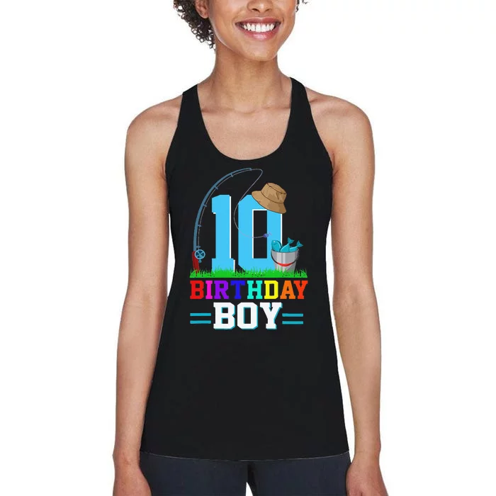 10 Year Old Fishing 10th Birthday Bday Party Decorations Women's Racerback Tank