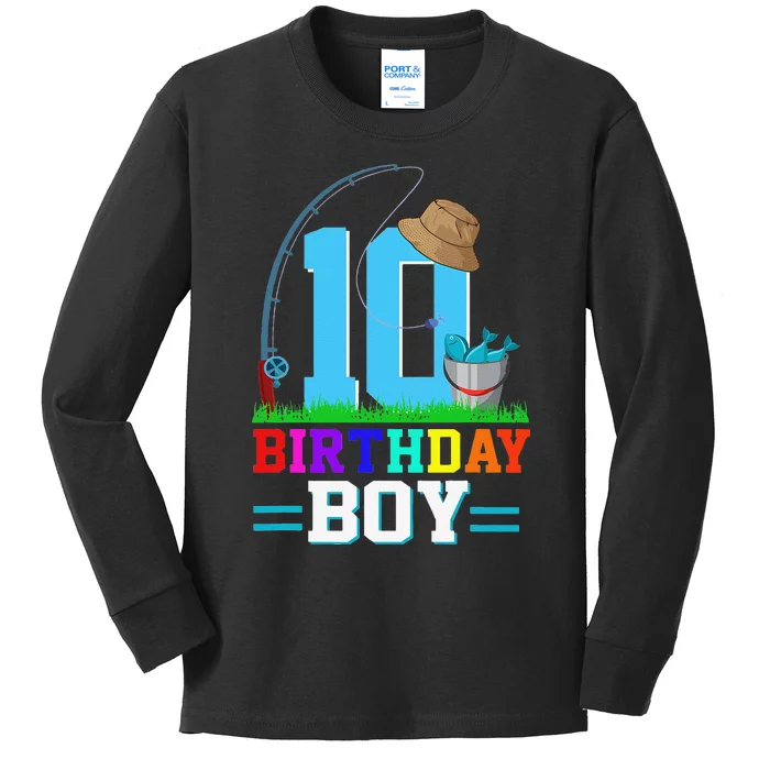 10 Year Old Fishing 10th Birthday Bday Party Decorations Kids Long Sleeve Shirt