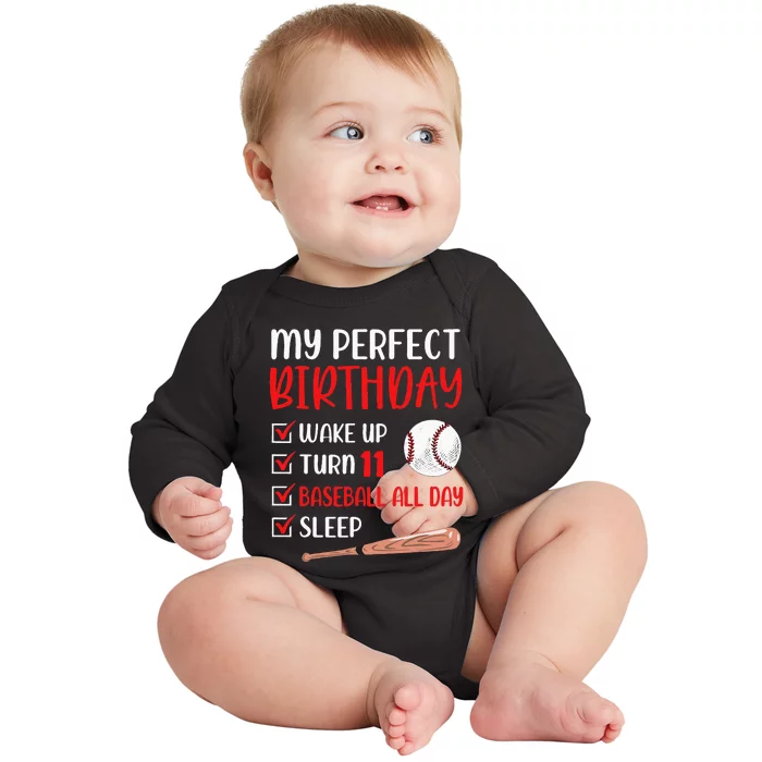 11 Year Old Baseball Birthday Party 11th Boy Eleven Player Baby Long Sleeve Bodysuit