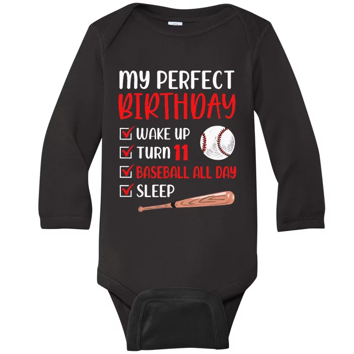 11 Year Old Baseball Birthday Party 11th Boy Eleven Player Baby Long Sleeve Bodysuit