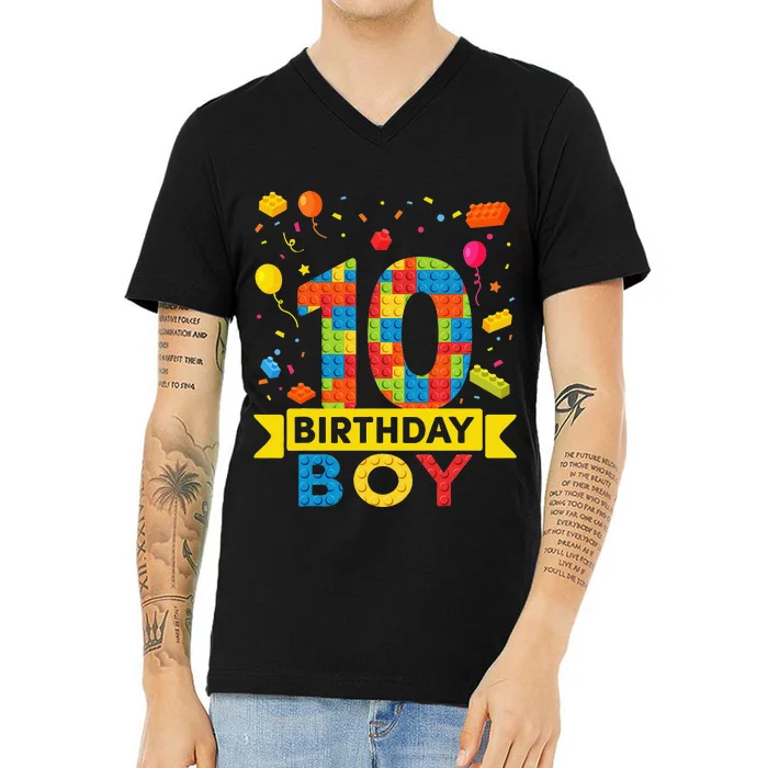 10 Year Old Building Blocks 10th Birthday V-Neck T-Shirt