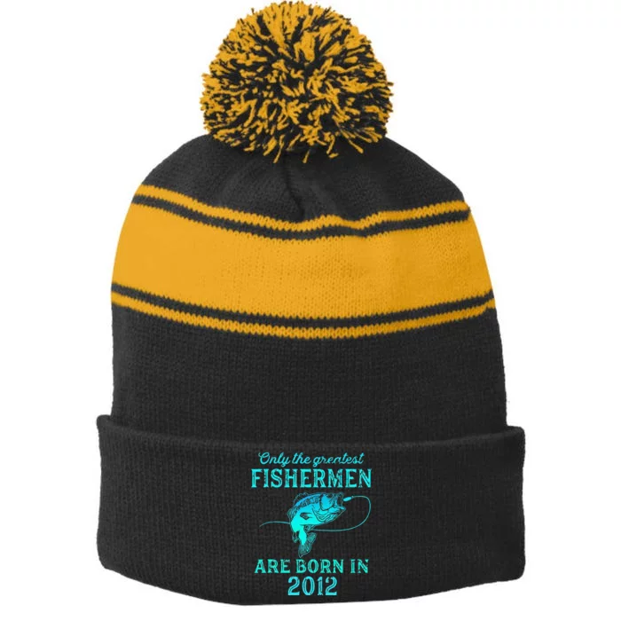 11 Years Old Fisherman Born In 2012 11th Birthday Stripe Pom Pom Beanie