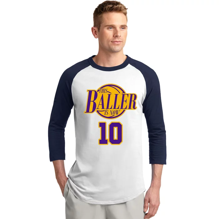 10 Years Old Birthday Basketball Baller Purple And Yellow Baseball Sleeve Shirt