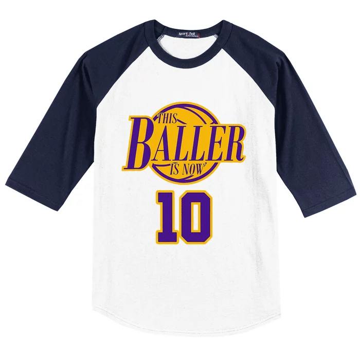 10 Years Old Birthday Basketball Baller Purple And Yellow Baseball Sleeve Shirt