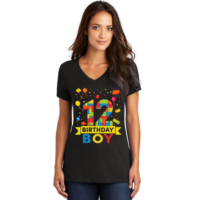 12 Year Old Building Blocks 12th Birthday Women's V-Neck T-Shirt