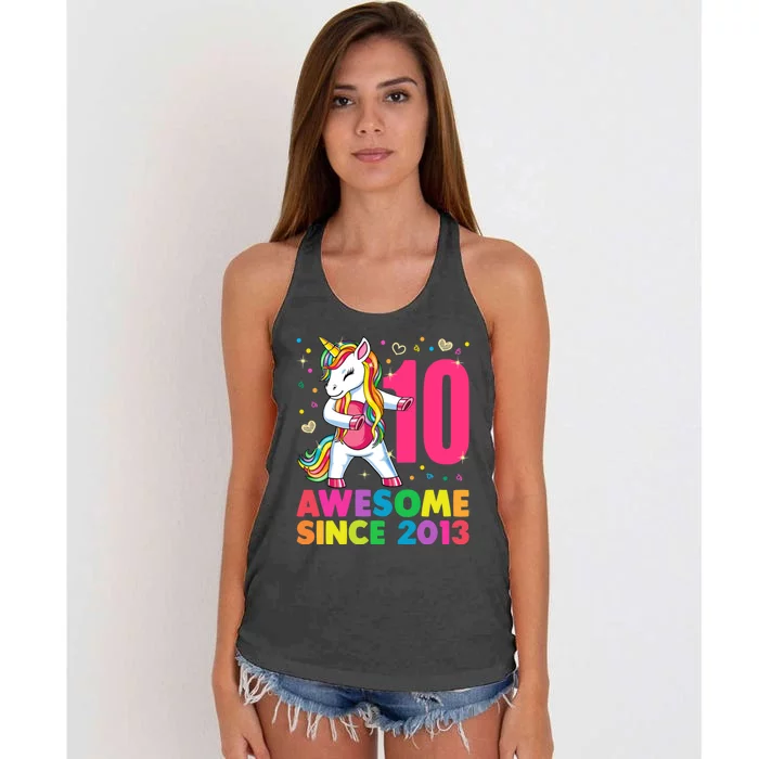 10 Years Old Unicorn Flossing 10th Birthday Girl Party Women's Knotted Racerback Tank