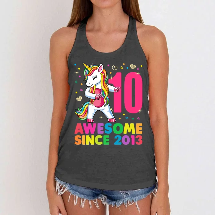 10 Years Old Unicorn Flossing 10th Birthday Girl Party Women's Knotted Racerback Tank