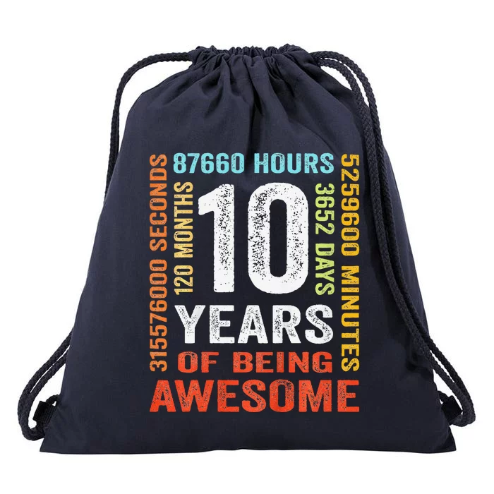 10 Years Old 10th Birthday Gift Vintage Retro 120 Months Drawstring Bag