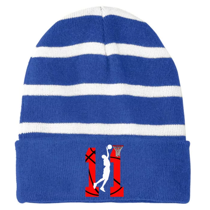 11 Years Old 11th Birthday Basketball Lovers Striped Beanie with Solid Band