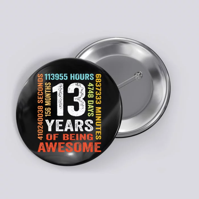 13 Years Old 13th Birthday Gift Vintage 156 Month Button