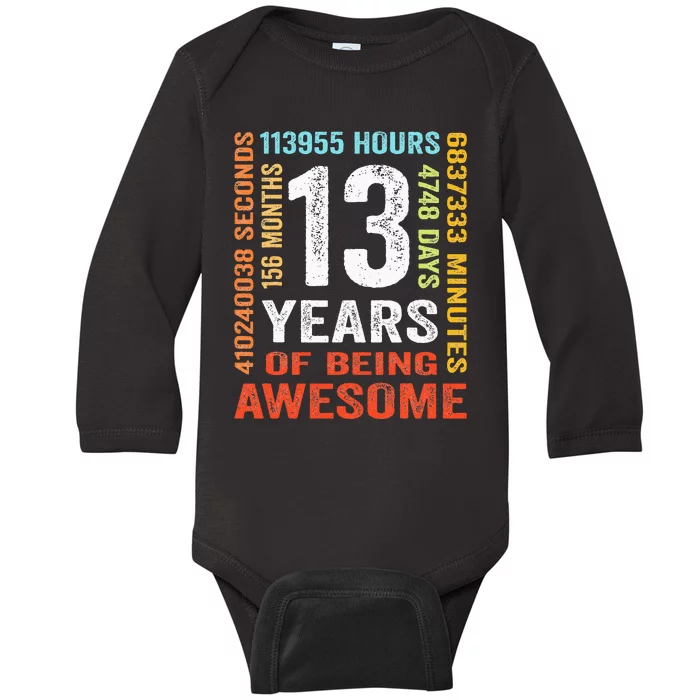 13 Years Old 13th Birthday Gift Vintage 156 Month Baby Long Sleeve Bodysuit