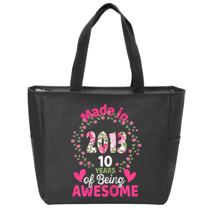 10 Years Old 10th Birthday Born in 2013 Wo Girls Floral Zip Tote Bag