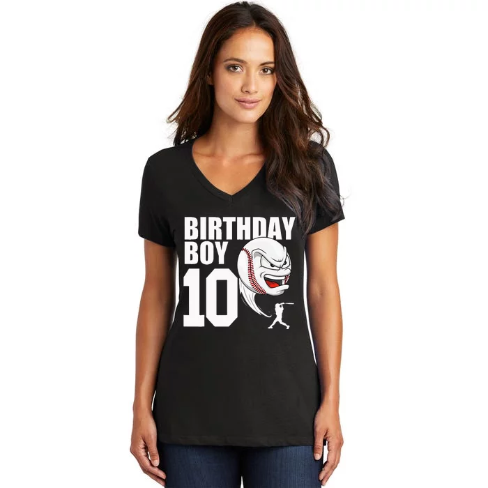 10 Year Old Baseball Birthday Party Theme 10th Gift For Boy Women's V-Neck T-Shirt